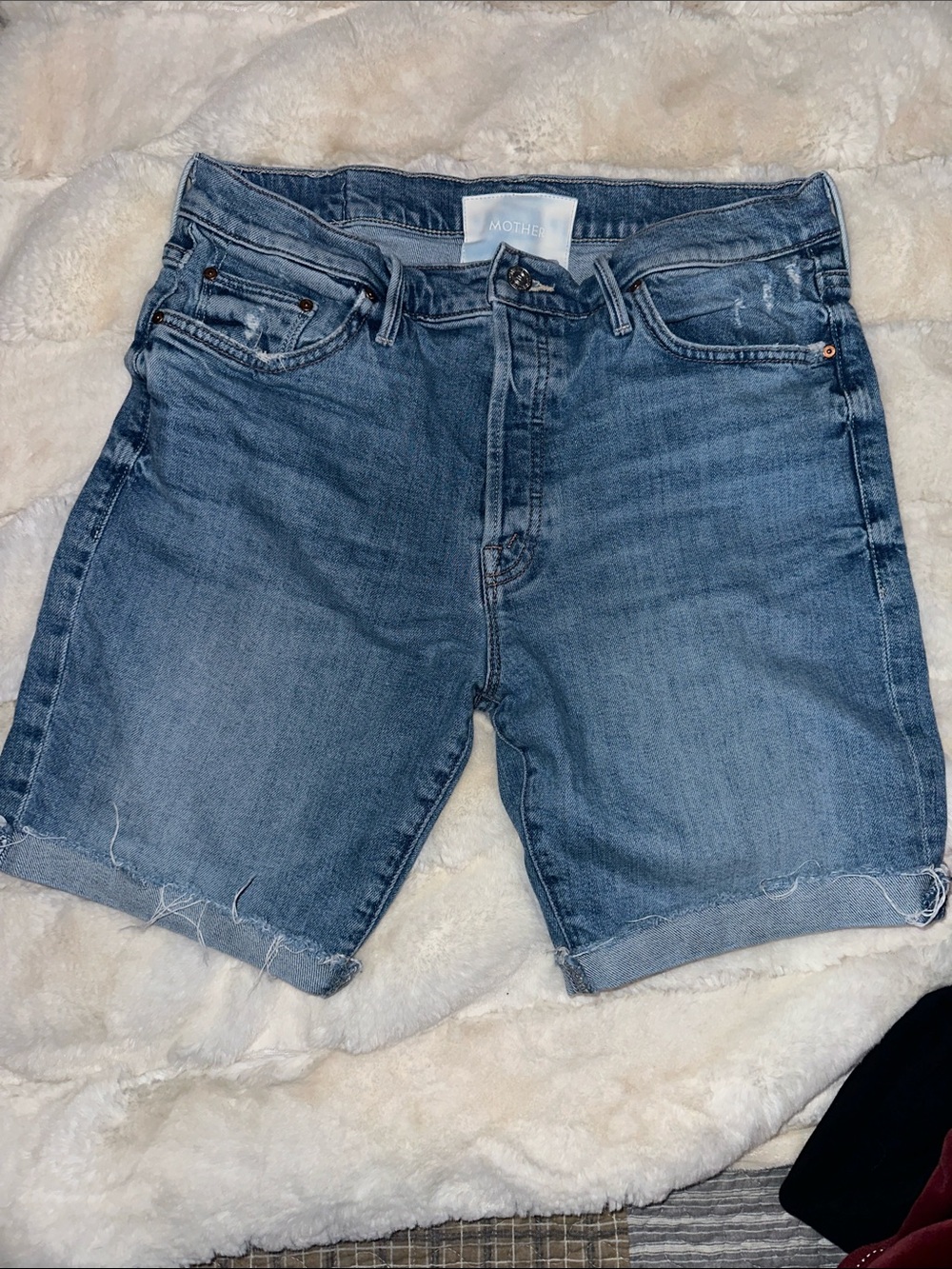 MOTHER Rolled Hem Distressed Denim Shorts in Faded Blue